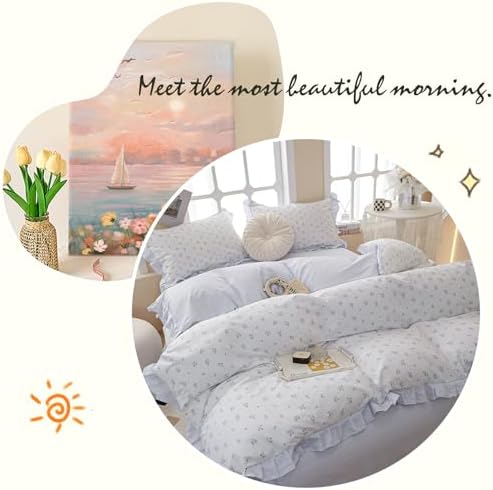 Chic Blue Ruffle Floral Queen Duvet Cover Set 3Pcs
