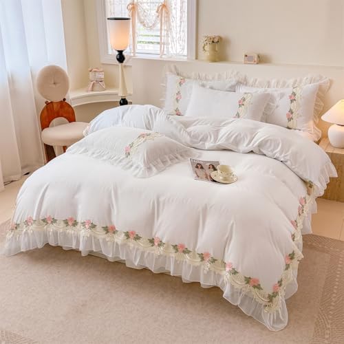 MOOWOO Flower Lace Ruffled Duvet Set - Sweet Girl Chiffon 3PC