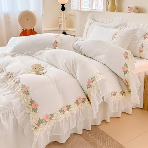 MOOWOO Flower Lace Ruffled Duvet Set - Sweet Girl Chiffon 3PC
