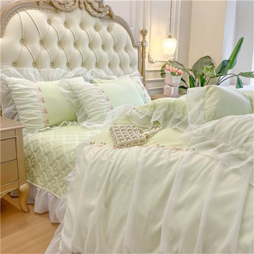 MOOWOO Green Lace Ruffle Duvet Cover Set - Queen Size 3 Piece