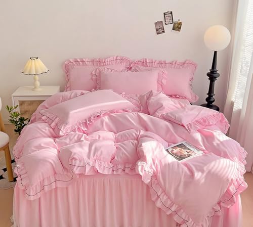 Pink Duvet Cover Set Queen - Double Ruffle 3 Pieces Luxury Princess Style