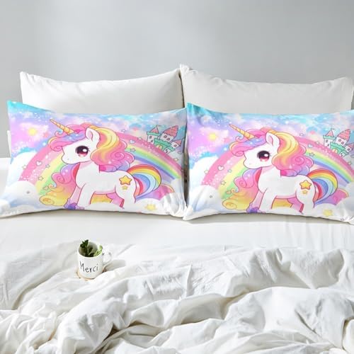 Manfei Cute Unicorn Queen Duvet Cover Set with Rainbow Stars