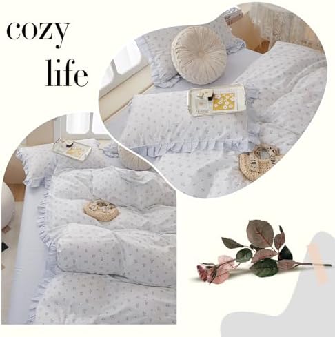Chic Blue Ruffle Floral Queen Duvet Cover Set 3Pcs