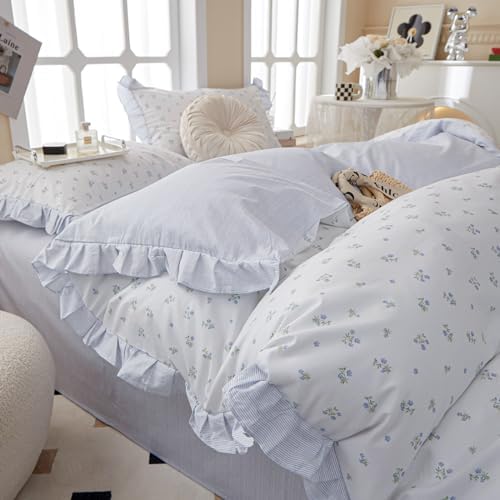 Chic Blue Ruffle Floral Queen Duvet Cover Set 3Pcs
