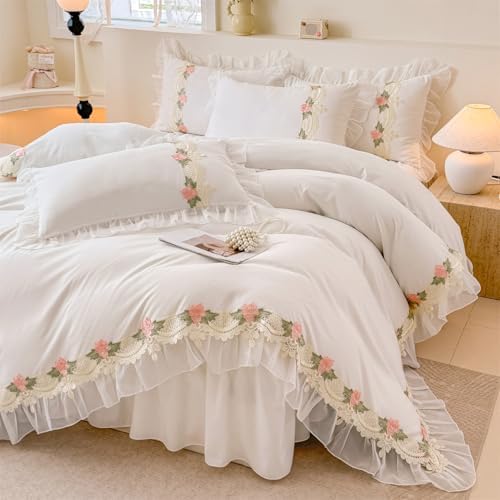MOOWOO Flower Lace Ruffled Duvet Set - Sweet Girl Chiffon 3PC