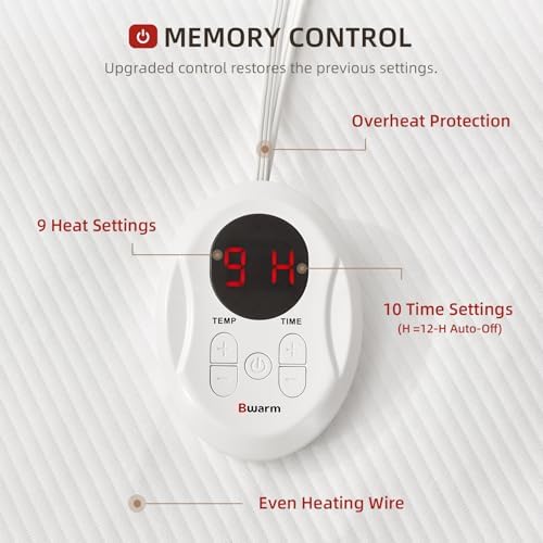 Bwarm Waterproof Heated Mattress Pad with 9 Heat Settings