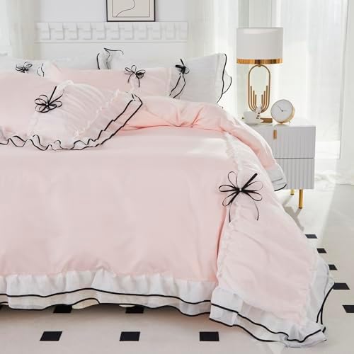 Lemfux Light Pink Duvet Cover Set with Bowtie and Ruffles