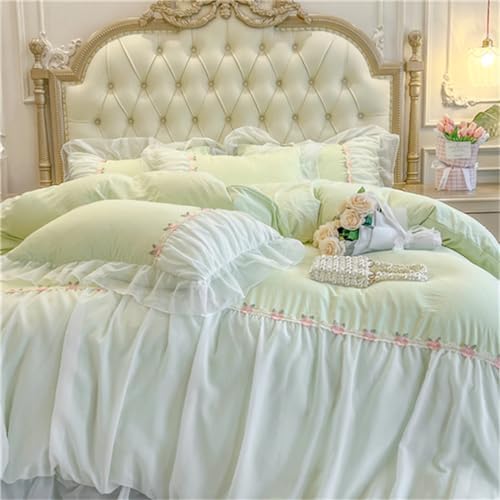 MOOWOO Green Lace Ruffle Duvet Cover Set - Queen Size 3 Piece