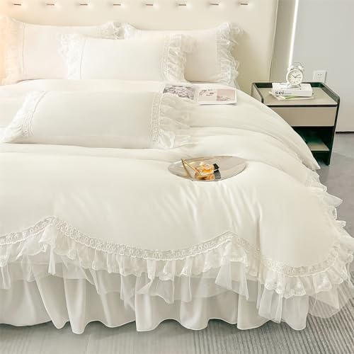 MOOWOO Chic Ruffle Lace Duvet Cover Set - 3 Piece Full with Zipper Closure