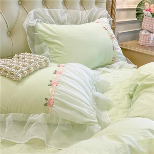 MOOWOO Green Lace Ruffle Duvet Cover Set - Queen Size 3 Piece