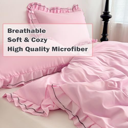 Pink Duvet Cover Set Queen - Double Ruffle 3 Pieces Luxury Princess Style