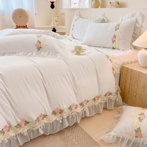 MOOWOO Flower Lace Ruffled Duvet Set - Sweet Girl Chiffon 3PC