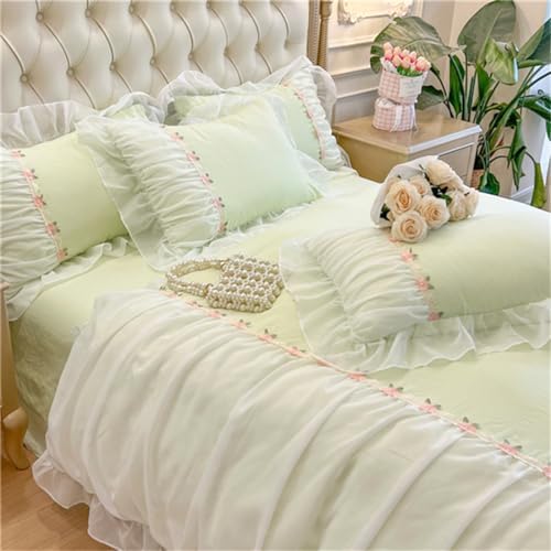 MOOWOO Green Lace Ruffle Duvet Cover Set - Queen Size 3 Piece