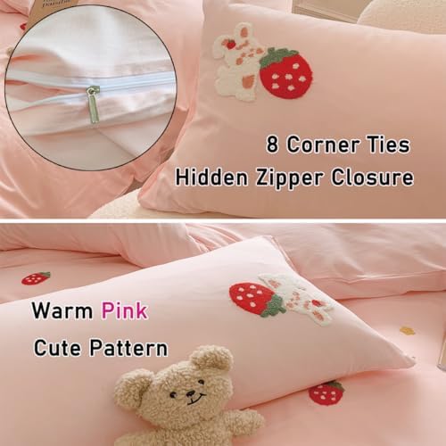KASBLUEL Pink Strawberry Floral Duvet Cover Set 3Pcs Queen Size