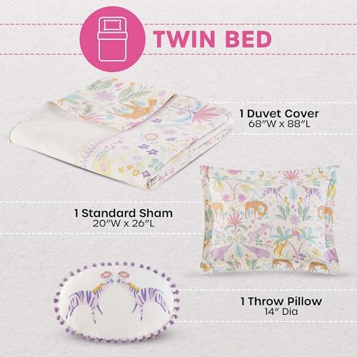 Twin Duvet Cover Set with Jungle Animals and Reversible Floral Design