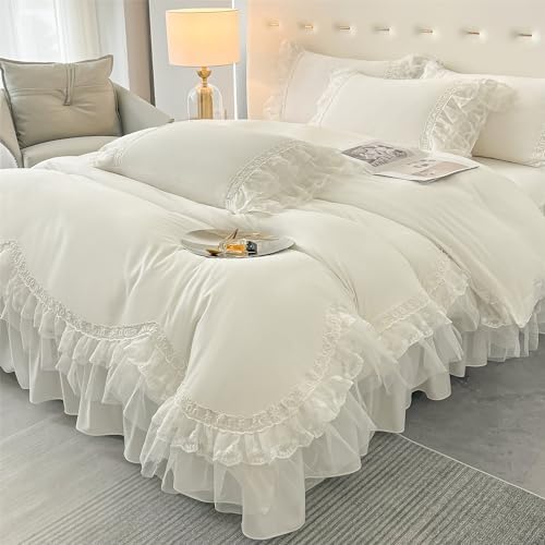 MOOWOO Chic Ruffle Lace Duvet Cover Set - 3 Piece Full with Zipper Closure