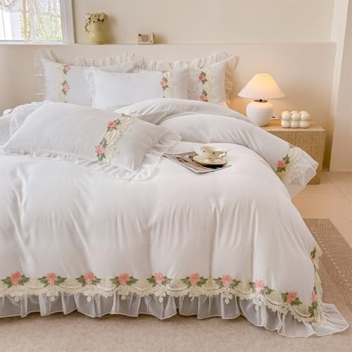 MOOWOO Flower Lace Ruffled Duvet Set - Sweet Girl Chiffon 3PC
