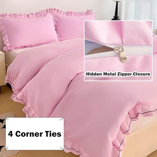 Pink Duvet Cover Set Queen - Double Ruffle 3 Pieces Luxury Princess Style