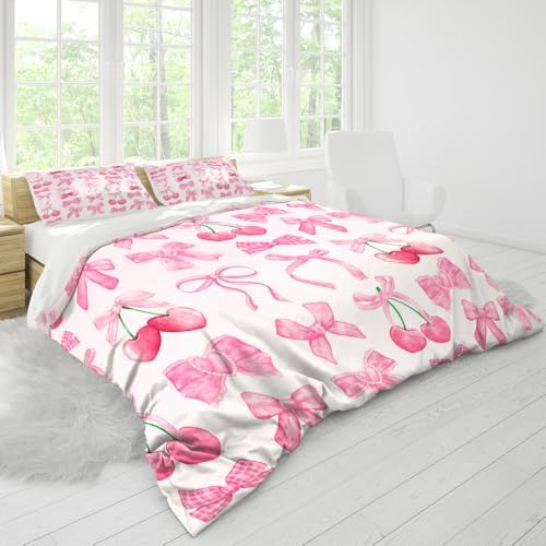 Pink Cherry Bow Duvet Cover Set Queen Size