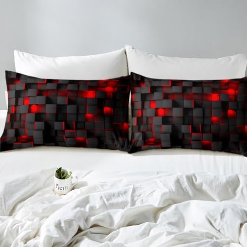 Feelyou Queen Duvet Cover Set Red Black Geometric Design
