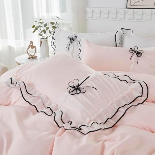 Lemfux Light Pink Duvet Cover Set with Bowtie and Ruffles