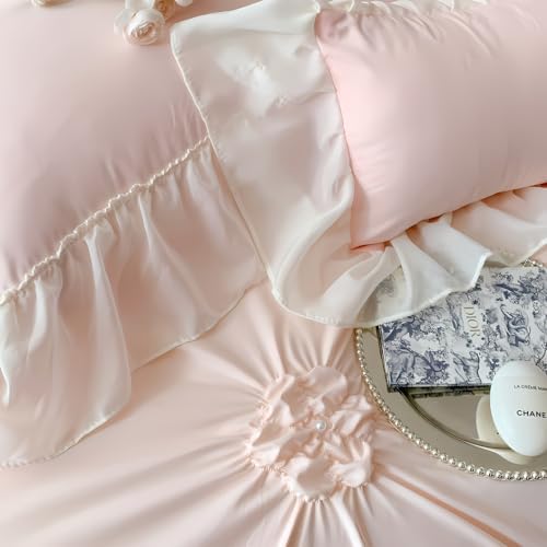 IHOUSTRIY Pink Duvet Cover Twin Set - Ruffle Pinch Pleated Zipper Closure