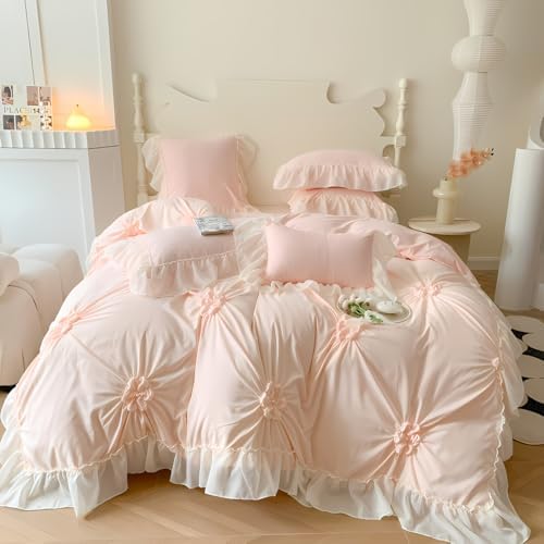 IHOUSTRIY Pink Duvet Cover Twin Set - Ruffle Pinch Pleated Zipper Closure