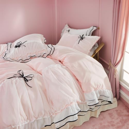 Lemfux Light Pink Duvet Cover Set with Bowtie and Ruffles