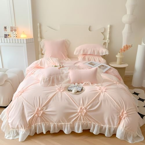 IHOUSTRIY Pink Duvet Cover Twin Set - Ruffle Pinch Pleated Zipper Closure