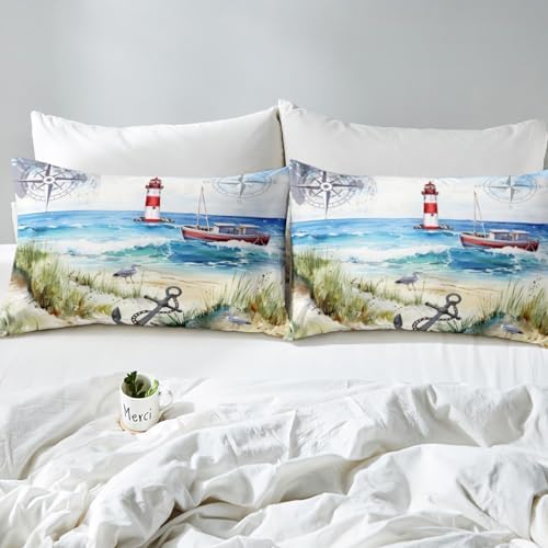 Castle Fairy Ocean Beach Queen Duvet Set with Lighthouse Sailboat Anchors
