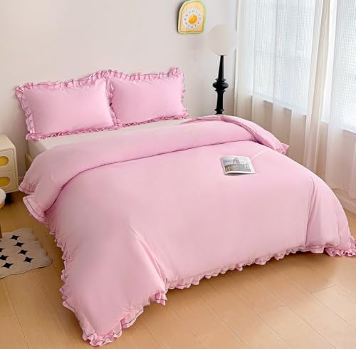 Pink Duvet Cover Set Queen - Double Ruffle 3 Pieces Luxury Princess Style