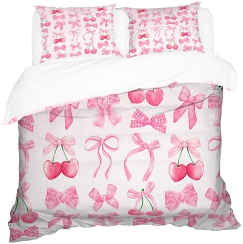 Pink Cherry Bow Duvet Cover Set Queen Size