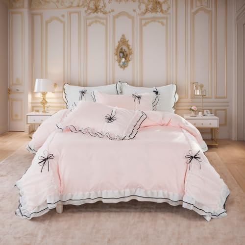 Lemfux Light Pink Duvet Cover Set with Bowtie and Ruffles