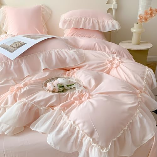 IHOUSTRIY Pink Duvet Cover Twin Set - Ruffle Pinch Pleated Zipper Closure