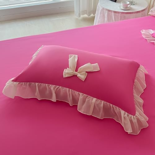 SOUKECHY Girls Lace Bedding Set Hot Pink Queen Duvet Cover with Bow Ruffles