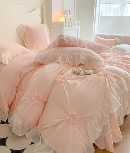 IHOUSTRIY Pink Duvet Cover Twin Set - Ruffle Pinch Pleated Zipper Closure