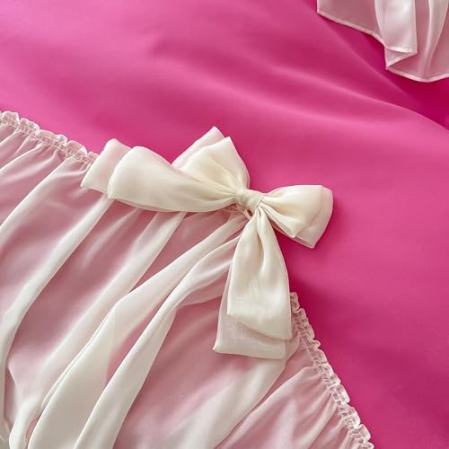 SOUKECHY Girls Lace Bedding Set Hot Pink Queen Duvet Cover with Bow Ruffles