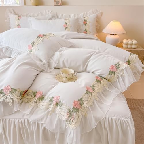 MOOWOO Flower Lace Ruffled Duvet Set - Sweet Girl Chiffon 3PC