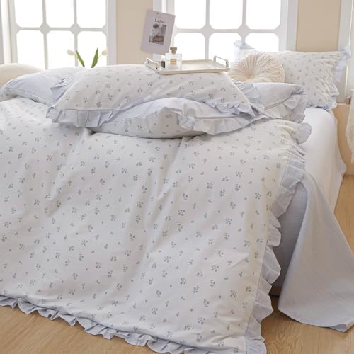 Chic Blue Ruffle Floral Queen Duvet Cover Set 3Pcs