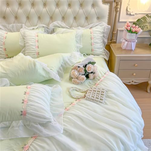 MOOWOO Green Lace Ruffle Duvet Cover Set - Queen Size 3 Piece