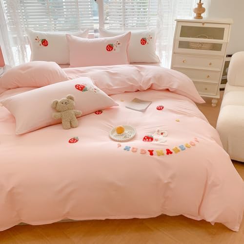 KASBLUEL Pink Strawberry Floral Duvet Cover Set 3Pcs Queen Size