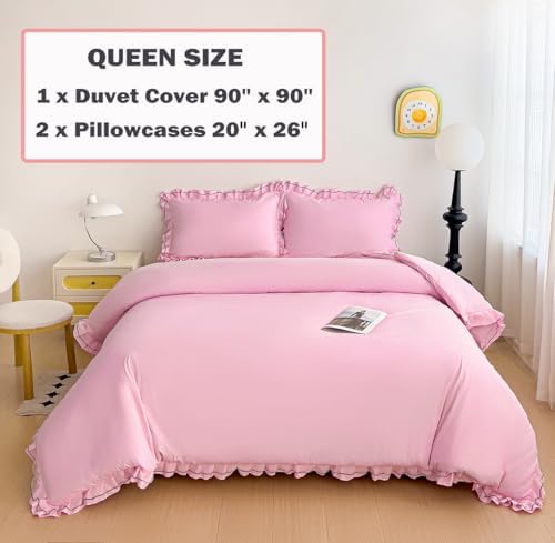 Pink Duvet Cover Set Queen - Double Ruffle 3 Pieces Luxury Princess Style