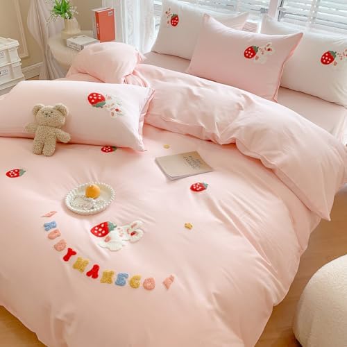 KASBLUEL Pink Strawberry Floral Duvet Cover Set 3Pcs Queen Size