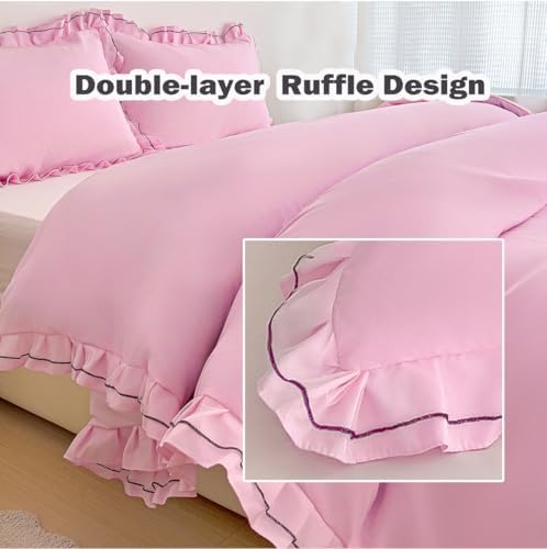 Pink Duvet Cover Set Queen - Double Ruffle 3 Pieces Luxury Princess Style