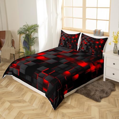 Feelyou Queen Duvet Cover Set Red Black Geometric Design