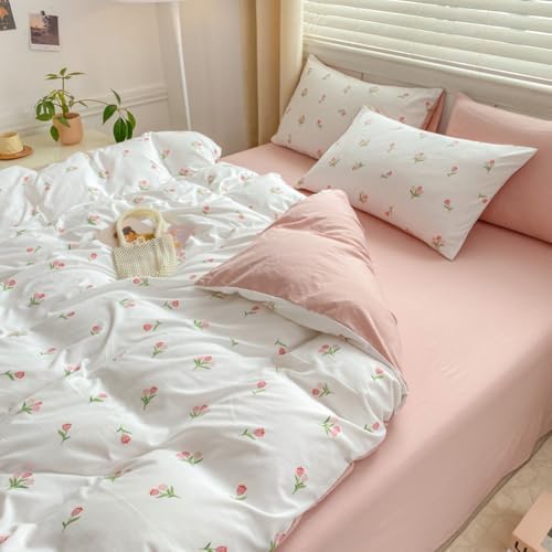 Nayoroom Pink Tulip Duvet Cover Set 3Pcs Reversible Microfiber 1