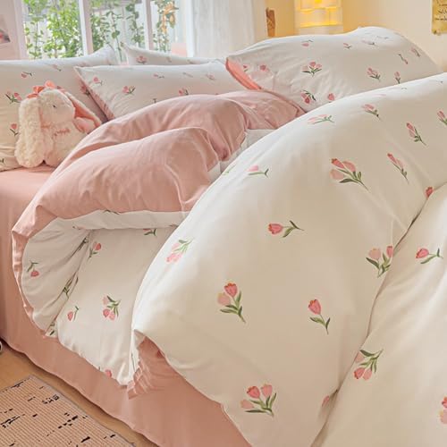 Nayoroom Pink Tulip Duvet Cover Set 3Pcs Reversible Microfiber 1