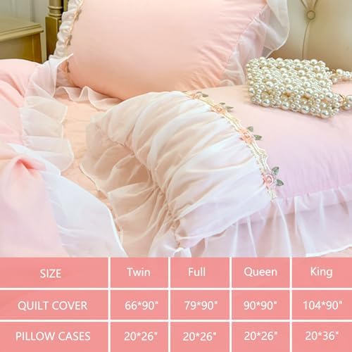 Ruffle Lace Duvet Cover Set King Size with Zipper Chiffon Trim