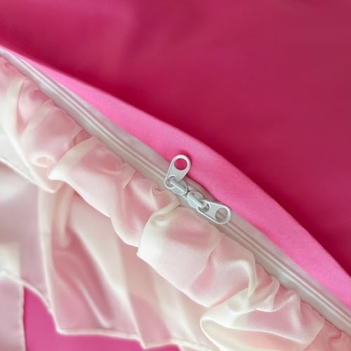 SOUKECHY Girls Lace Bedding Set Hot Pink Queen Duvet Cover with Bow Ruffles