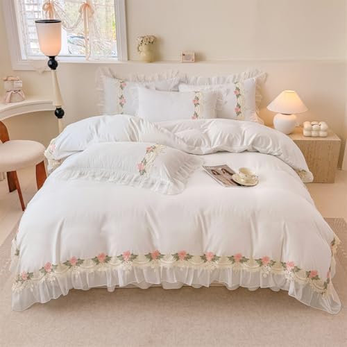 MOOWOO Flower Lace Ruffled Duvet Set - Sweet Girl Chiffon 3PC